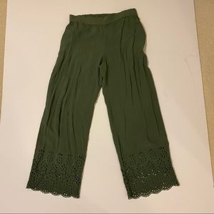Loft- Wide legged green pants with lace detailing